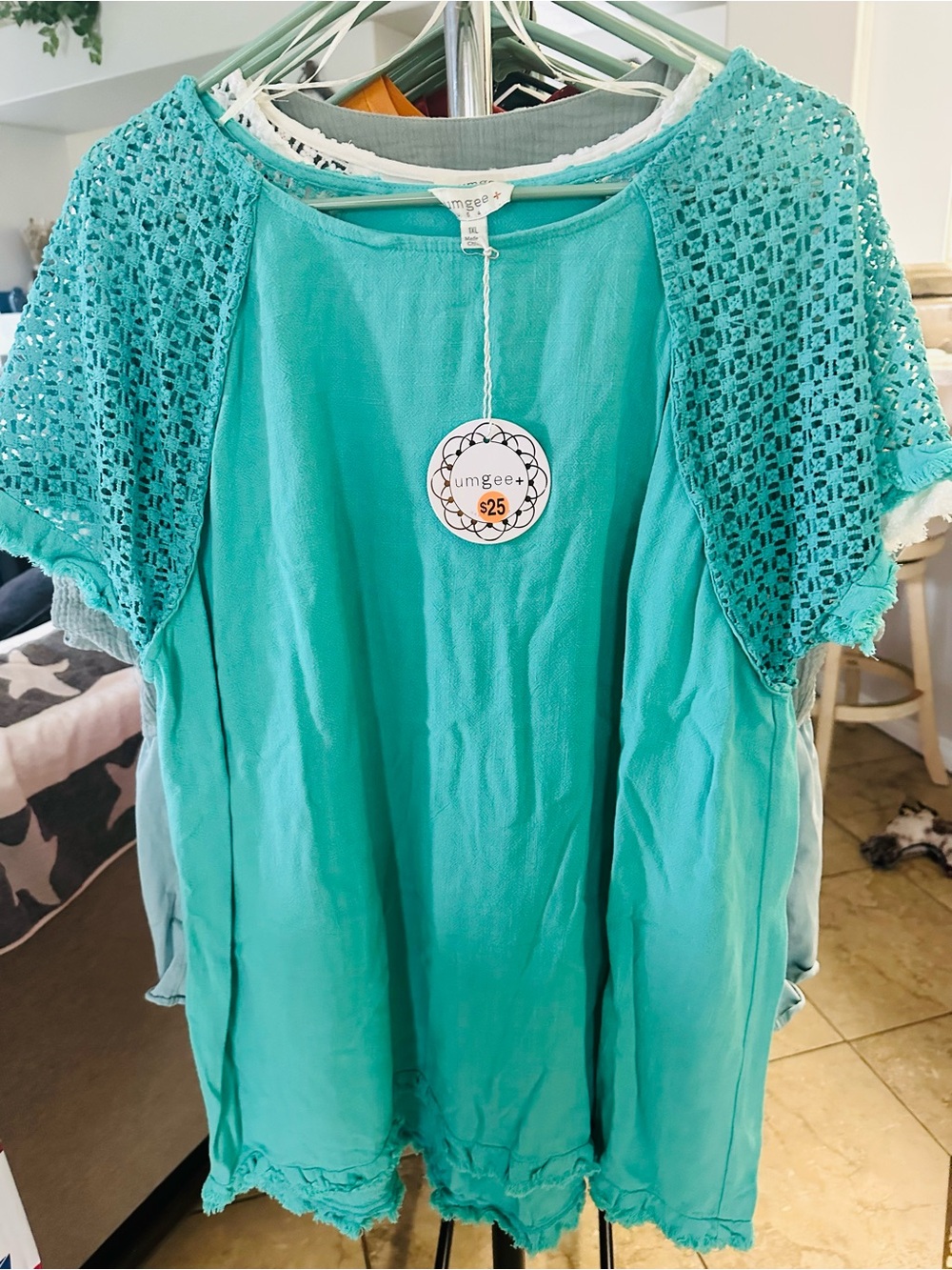 Umgee Teal Crochet-Sleeve Boho Top